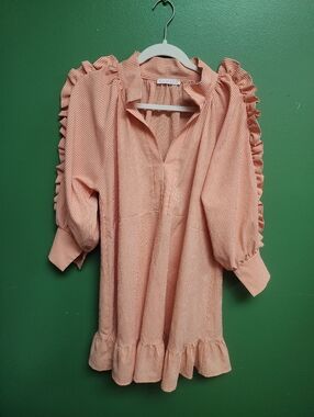 Karlie Orange Gingham Ruffle Mini Dress Puff Sleeve Collared Size M/L